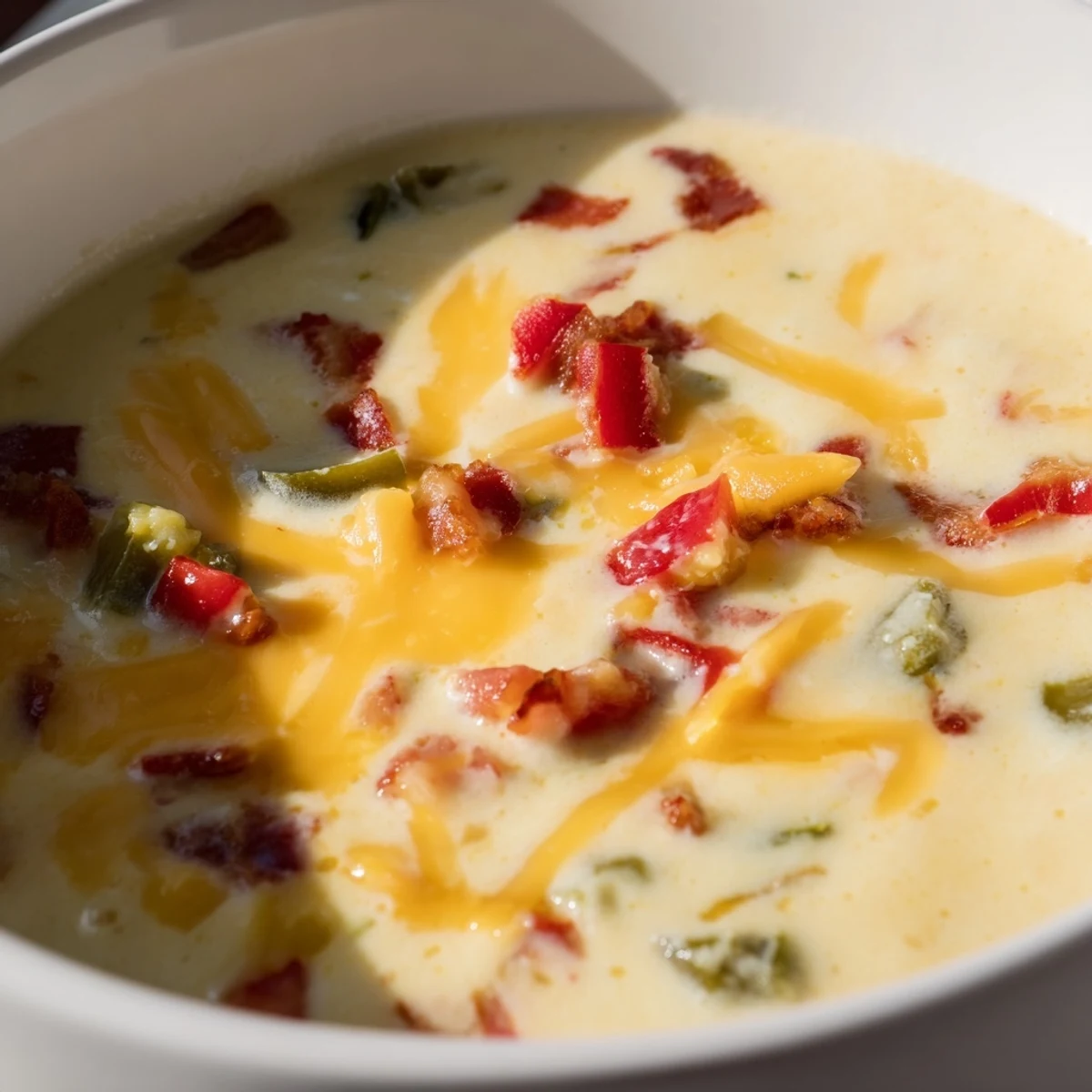 A steaming bowl of Spicy Jalapeño Popper Soup topped with green onions and bacon crumbles, served alongside golden grilled cheese dippers.