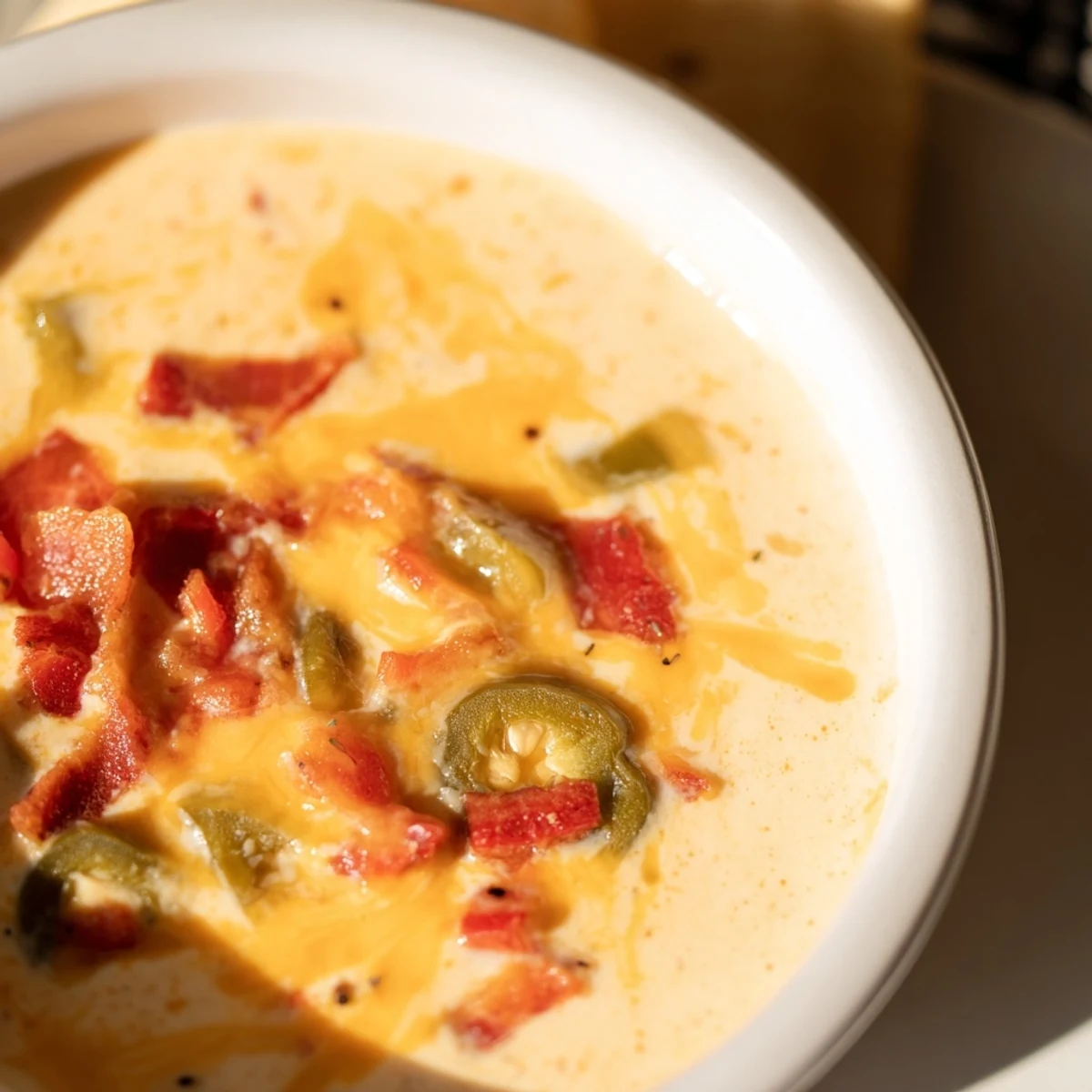 Comforting Spicy Jalapeño Popper Soup in a rustic bowl, steam rising, with buttery grilled cheese dippers ready to be dunked.