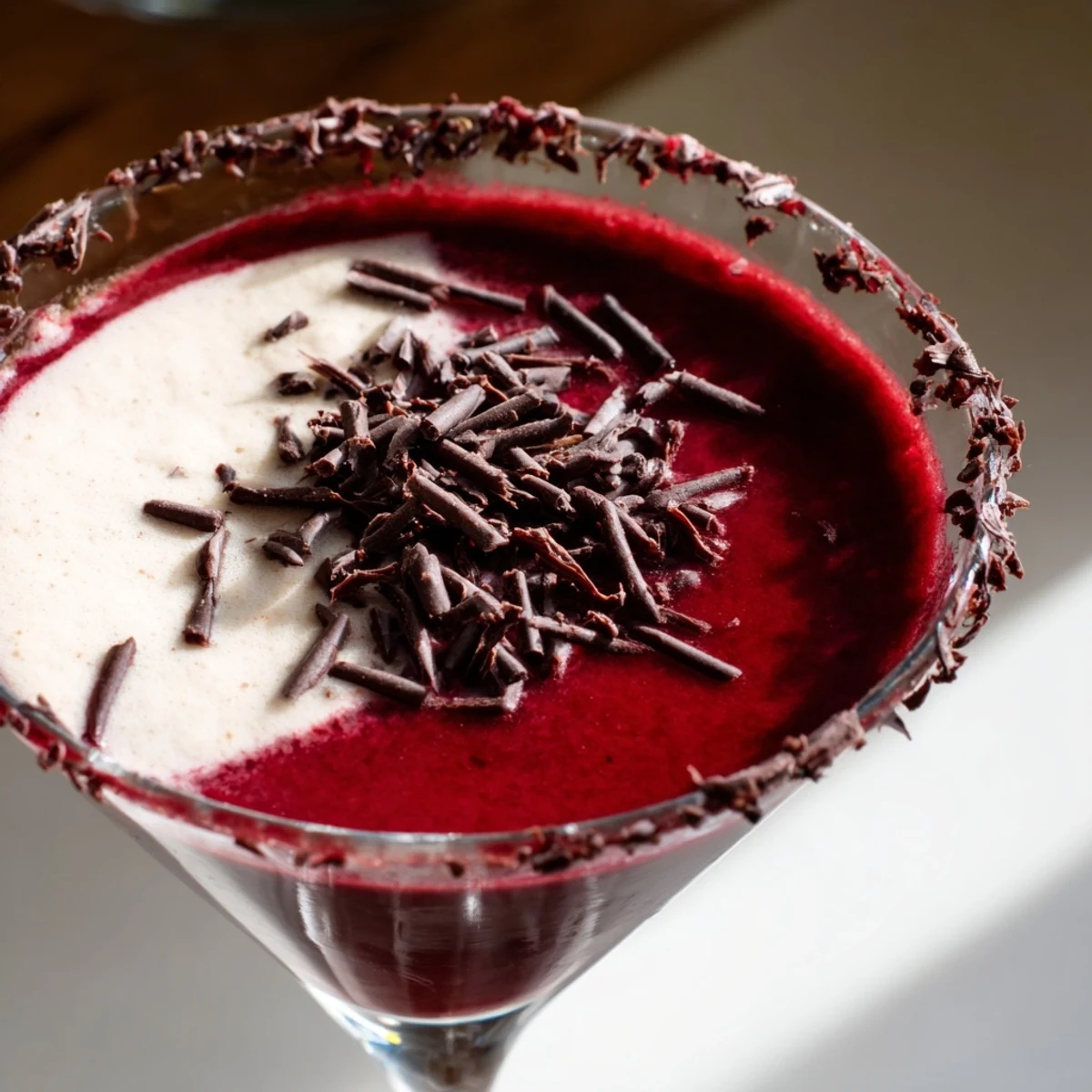 Two elegant Decadent Red Velvet Martini cocktails garnished with red velvet crumbs are ready to serve on a marble counter.