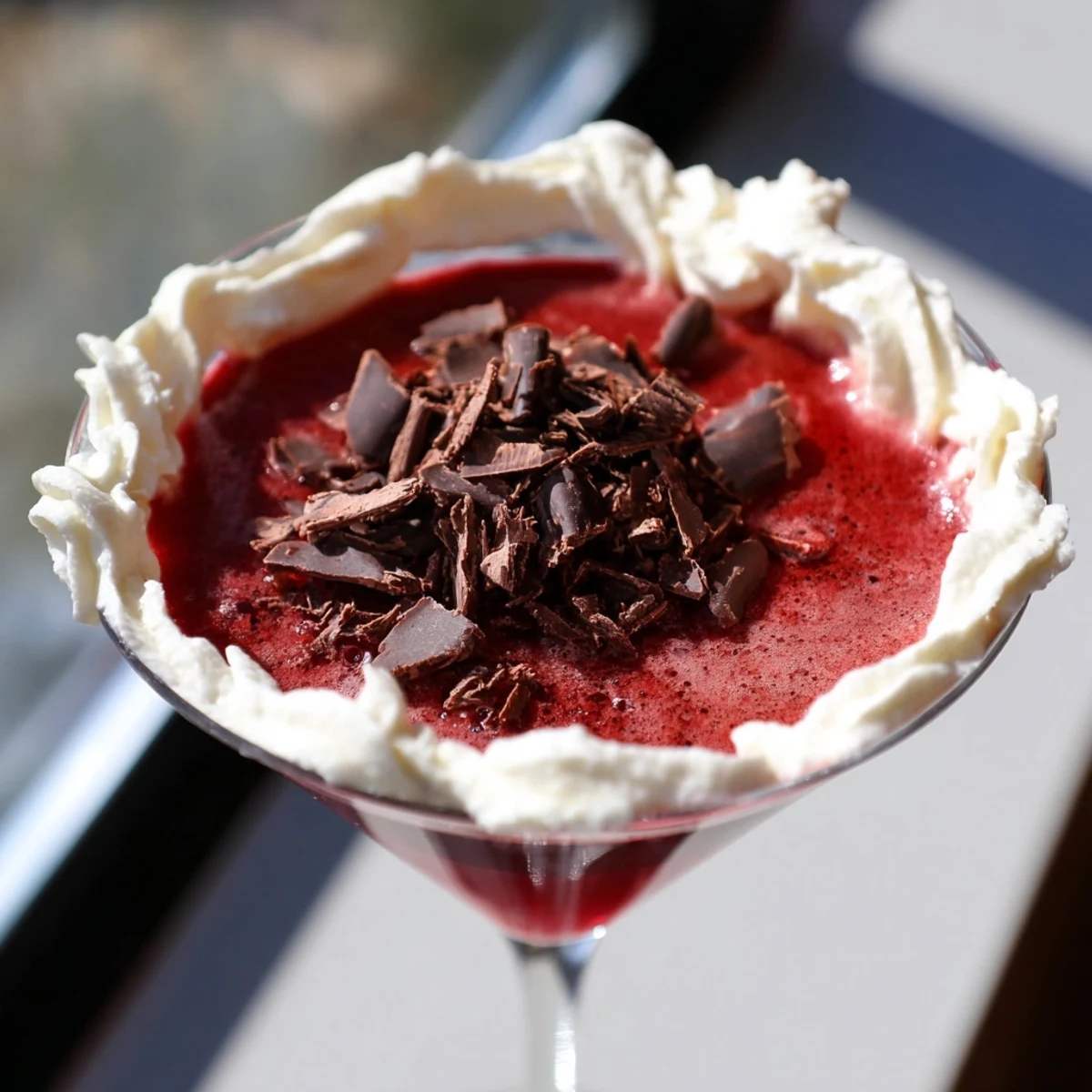 A vibrant Decadent Red Velvet Martini sits in a chilled glass rimmed with cream cheese frosting and chocolate shavings.