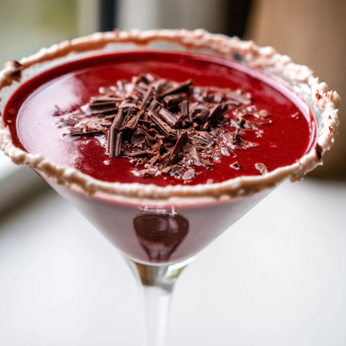 A close up of a Decadent Red Velvet Martini shows its rich red hue and a garnish of chocolate shavings.