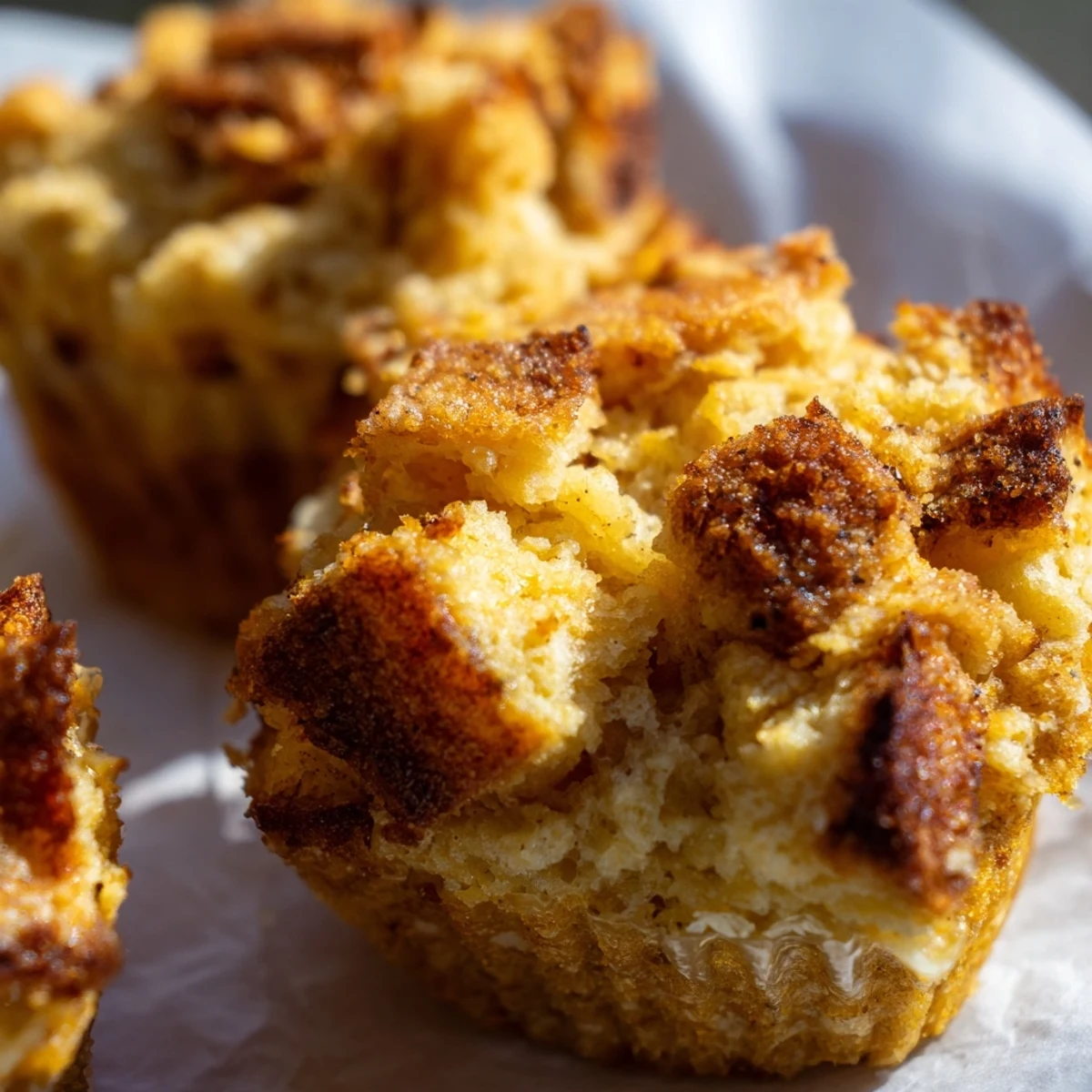 Warm Protein French Toast Muffins topped with fresh berries and a drizzle of maple syrup.