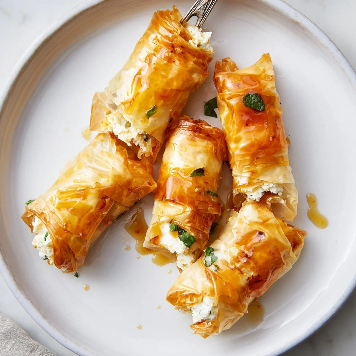 Appetizer platter featuring Oven Fried Feta Rolls With Chili Honey served beside a simple green salad.