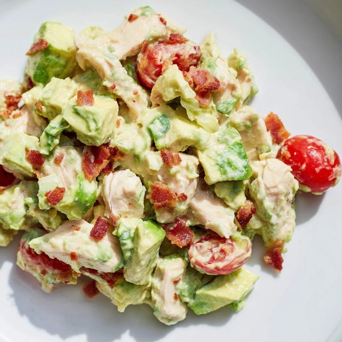 Vibrant bowl of BLT Chicken Salad with juicy grilled chicken, crisp bacon, and halved cherry tomatoes on lettuce.