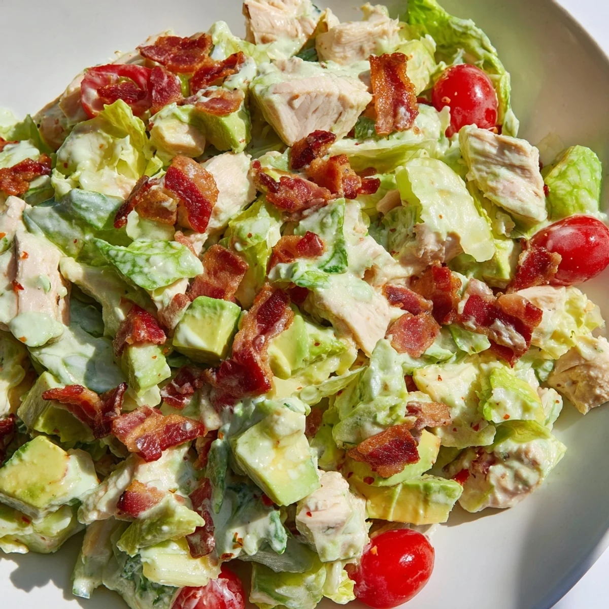 Close-up of BLT Chicken Salad featuring creamy avocado, red onion slices, and a creamy dressing drizzled over greens.