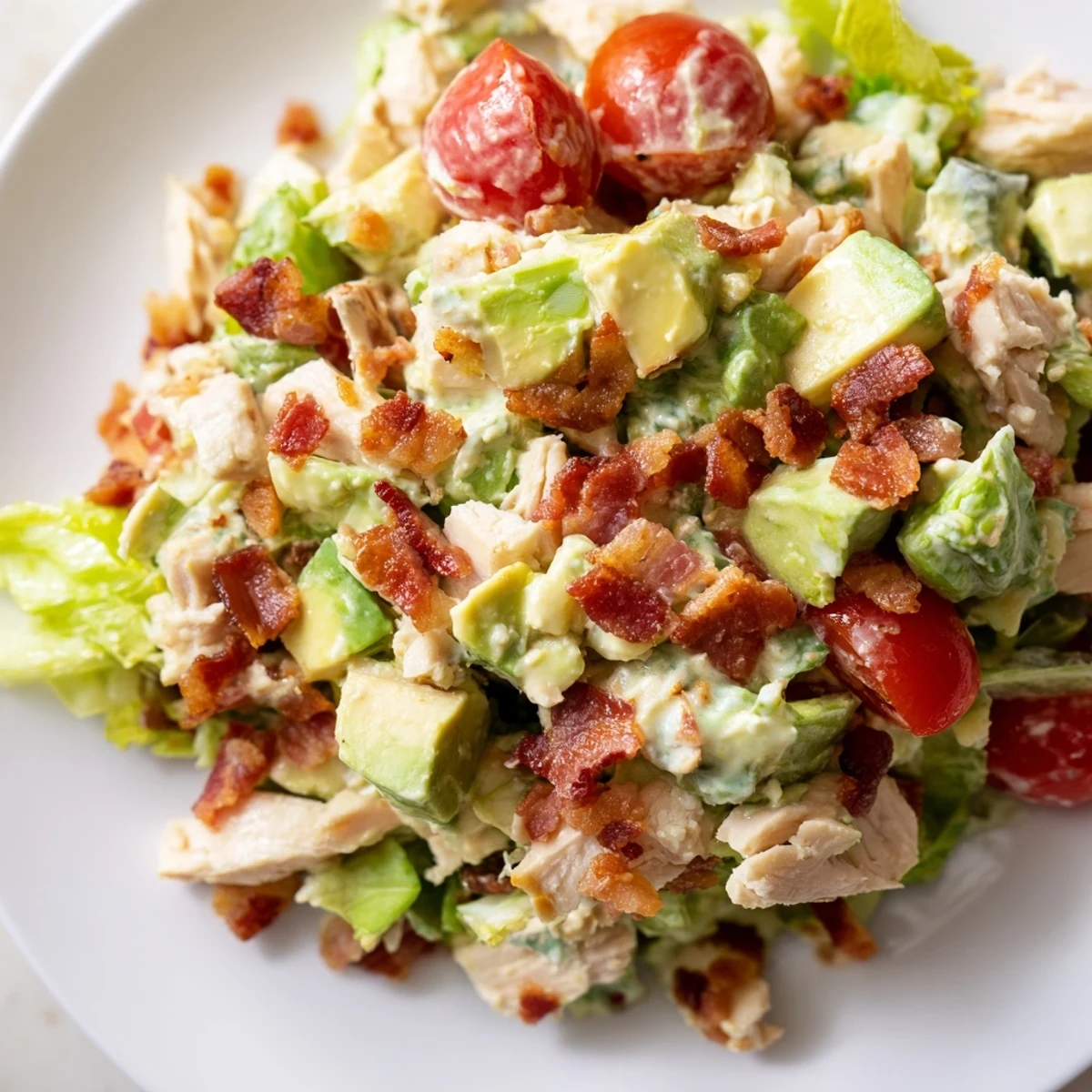 Freshly prepared BLT Chicken Salad garnished with herbs, served on a rustic plate, perfect for a satisfying lunch.