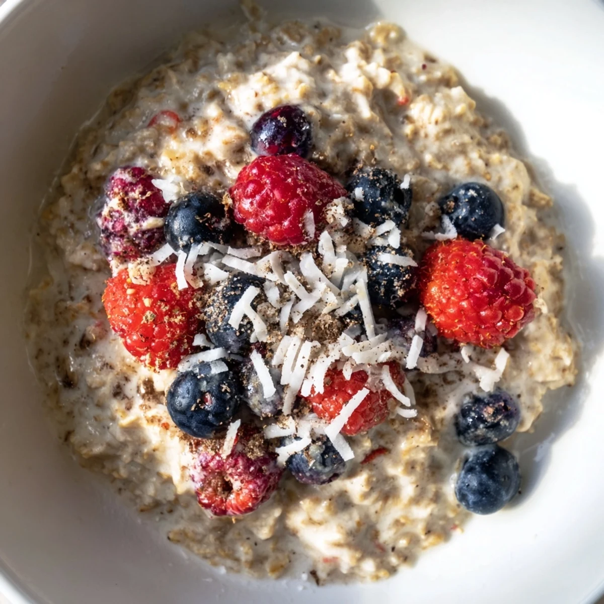 Warm, comforting bowl of Tasty Coconut Cream Oats with sliced fruit and a sweet drizzle.