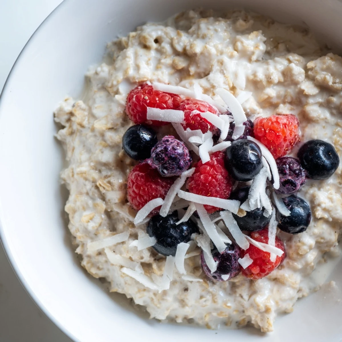 Creamy Tasty Coconut Cream Oats steaming in a bowl topped with fresh berries and toasted flakes.