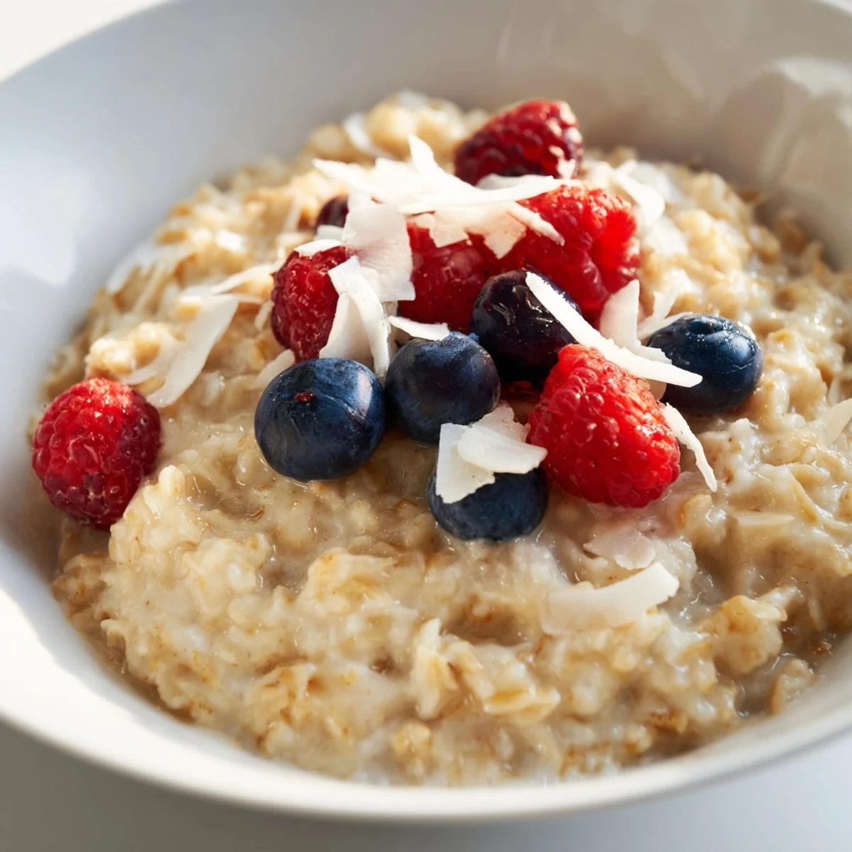 Healthy breakfast bowl of Tasty Coconut Cream Oats with coconut milk and fresh berries ready to serve.