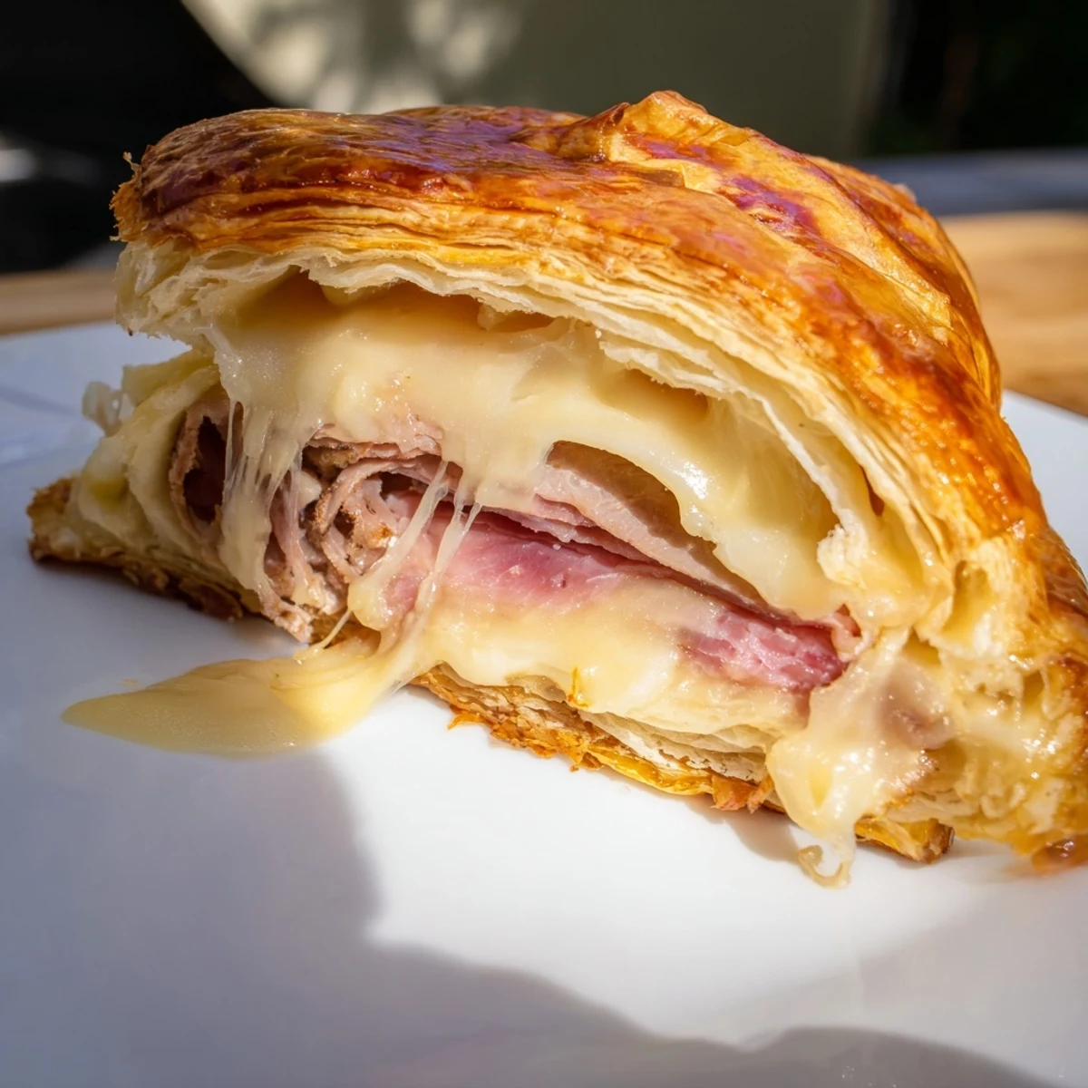 A close-up shows the Easy Air Fryer Beef Ham Cheese Croissants, revealing savory beef and ham layered with gooey melted Swiss.