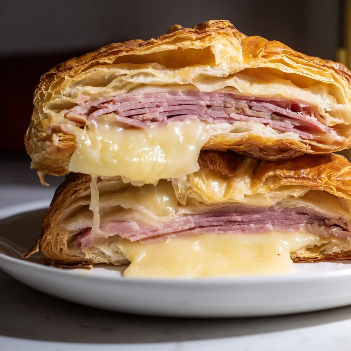 Golden-brown Easy Air Fryer Beef Ham Cheese Croissants rest on a wooden board, showcasing flaky pastry layers and melted cheese.