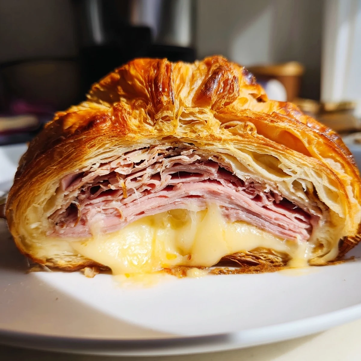 Serve these warm Easy Air Fryer Beef Ham Cheese Croissants on a rustic plate, perfect for a quick American breakfast or snack.