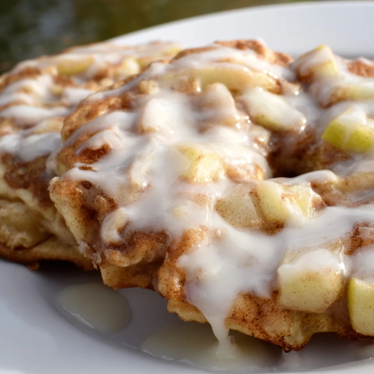 A stack of Apple Fritter Pancakes topped with a sweet glaze and diced apples on a white plate.