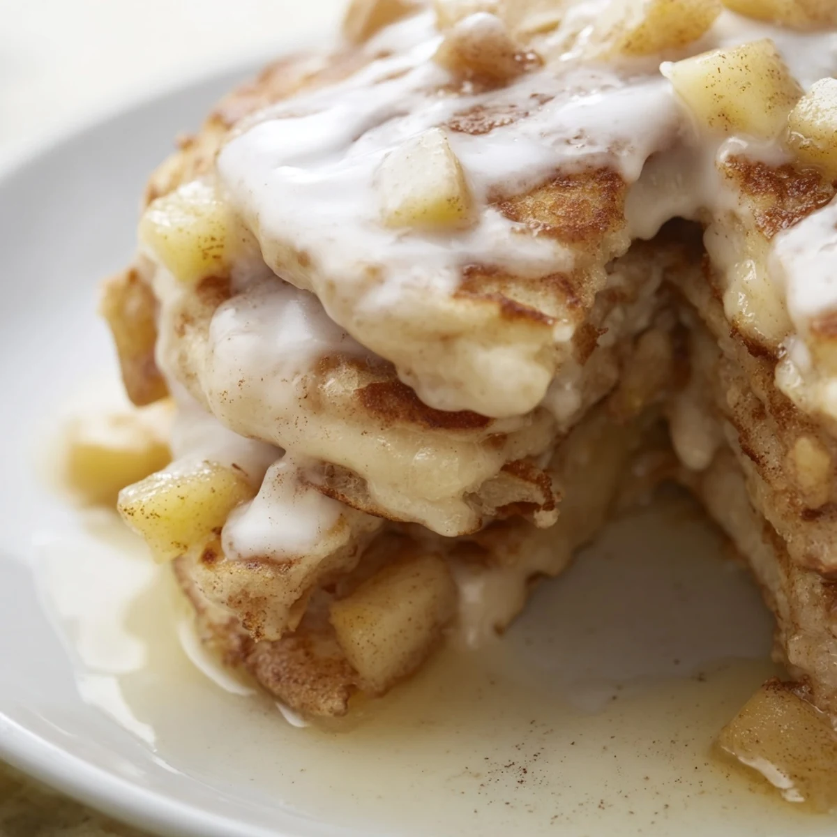 Apple Fritter Pancakes sizzling in a skillet, showing fluffy batter with tender apple pieces and cinnamon swirls.