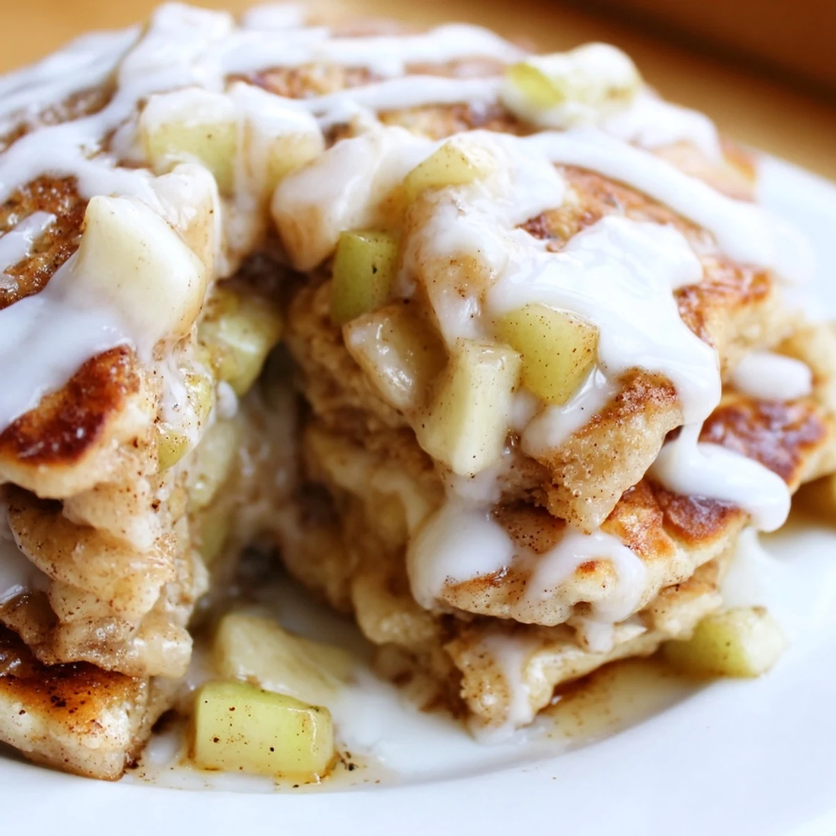 Golden Apple Fritter Pancakes served on a rustic wooden table with maple syrup and a dusting of powdered sugar.