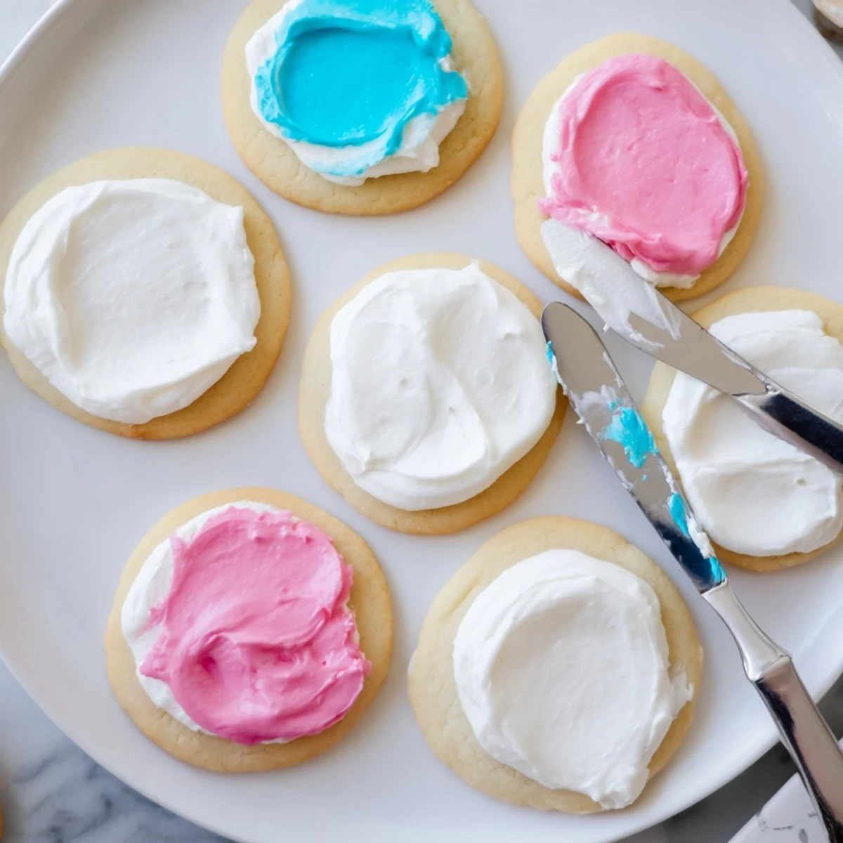 A bowl of Easy Sugar Cookie Frosting with a whisk and vibrant gel food coloring for decorating cookies.