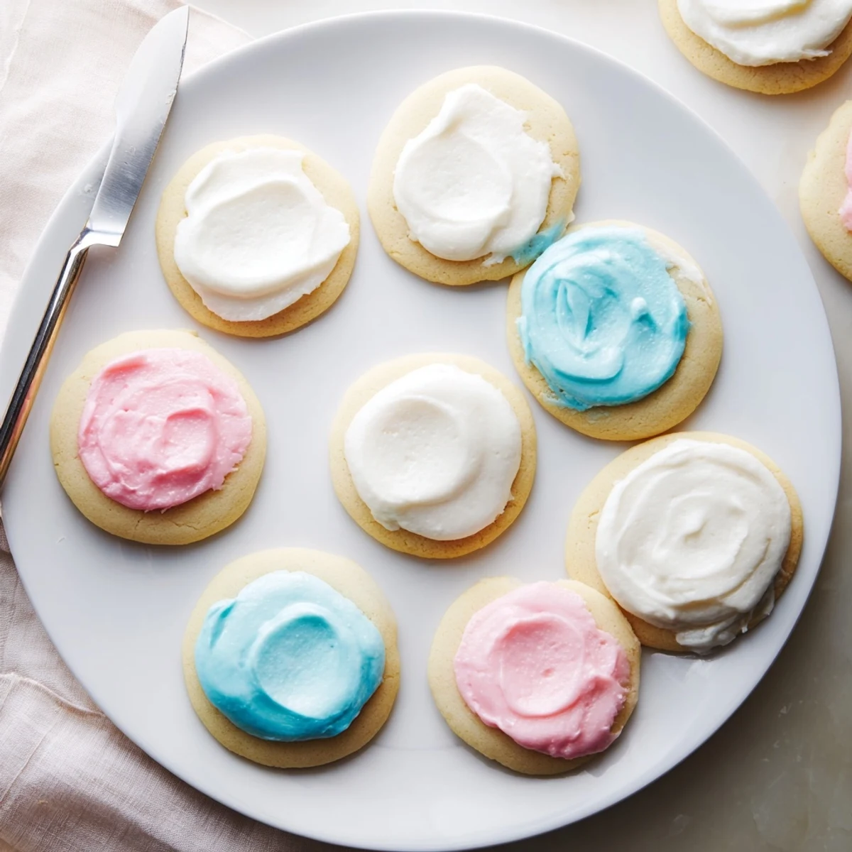 A close-up of Easy Sugar Cookie Frosting being spread on a round sugar cookie, showing its creamy texture.