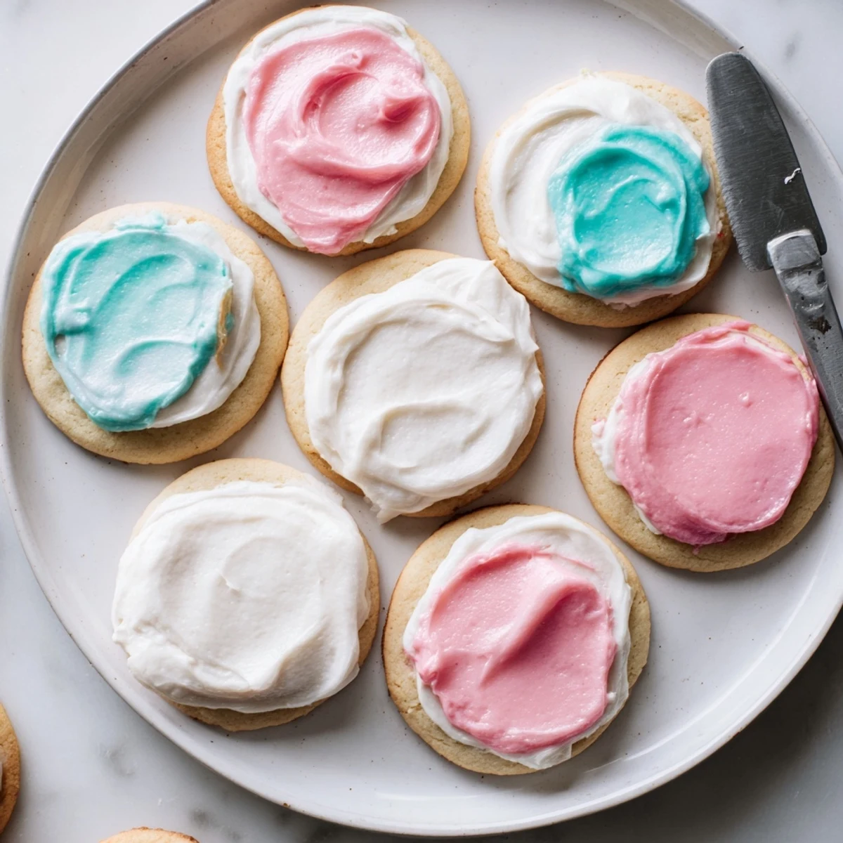 Easy Sugar Cookie Frosting dried to a glossy finish on decorated sugar cookies served on a white plate.