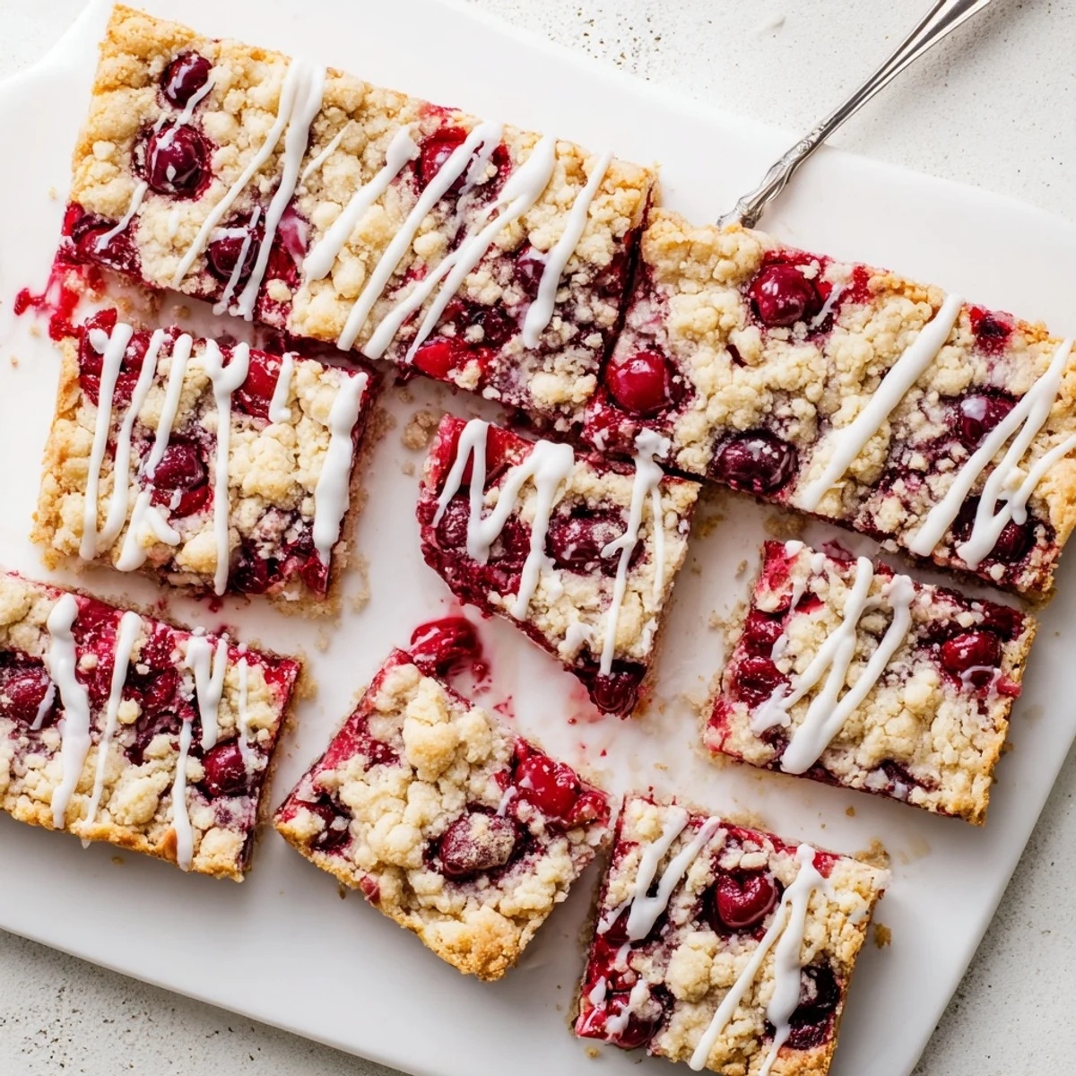 Freshly baked Easy Cherry Pie Bars stacked on a white plate, with vanilla ice cream melting beside them.  