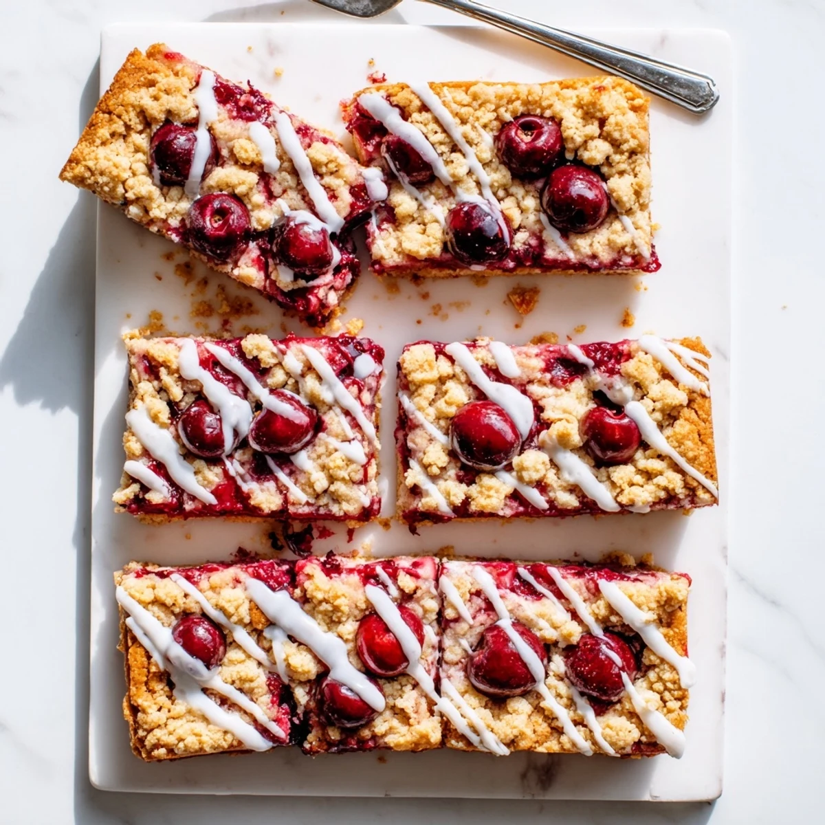 Gooey Easy Cherry Pie Bars on a cooling rack, showing glossy red filling and white drizzle on golden crust.  