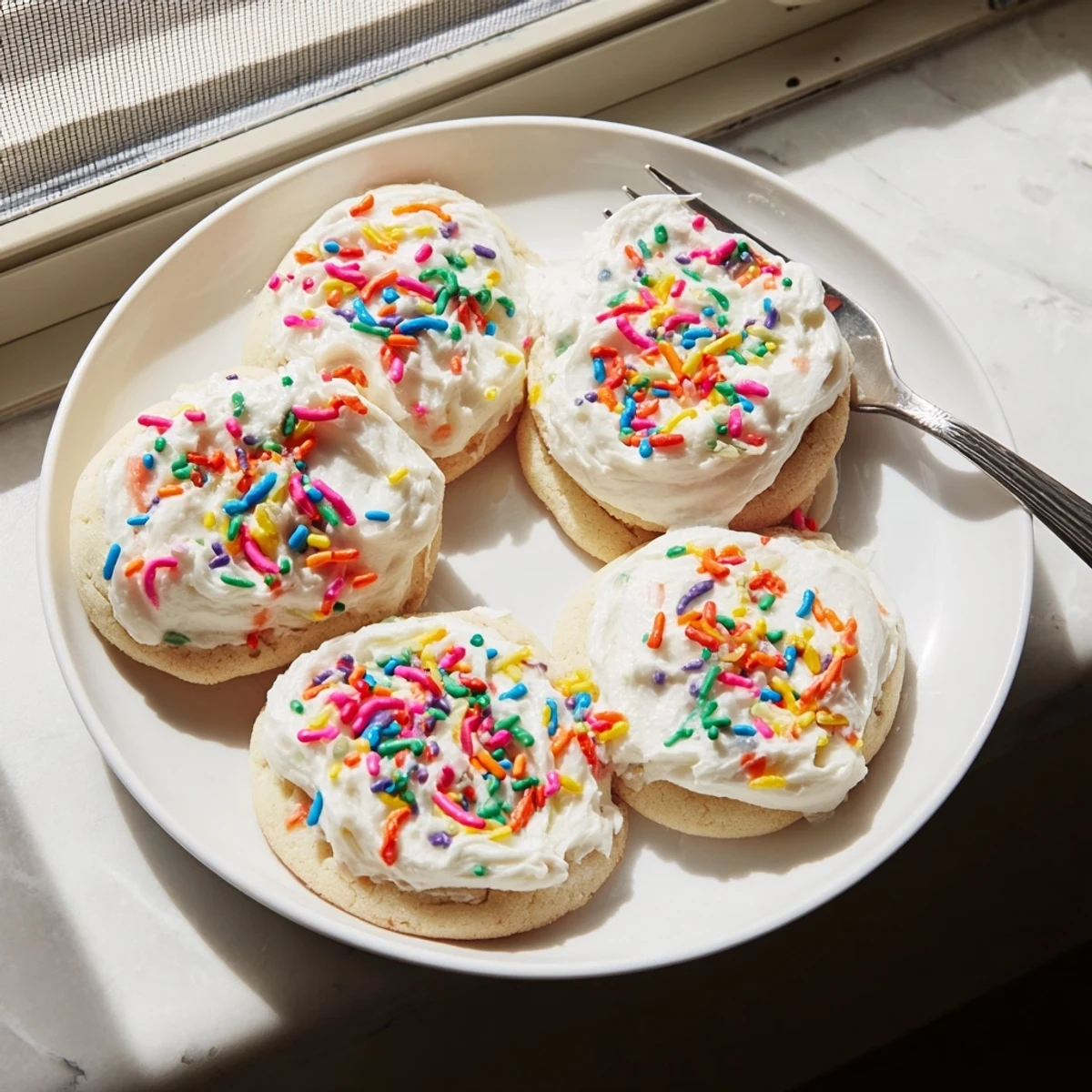 Freshly baked Soft Sour Cream Sugar Cookies With Cream Cheese Frosting are stacked high, their soft edges and thick white frosting glistening under kitchen lights.  