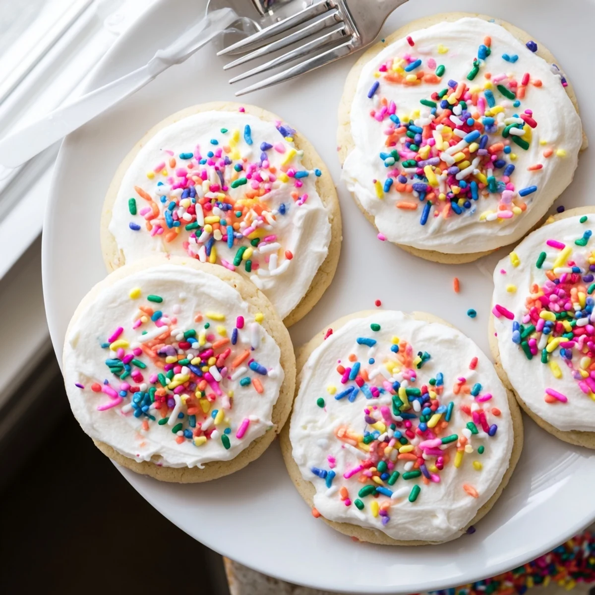 A close-up view shows Soft Sour Cream Sugar Cookies With Cream Cheese Frosting, with creamy swirls and a sprinkle of sugar catching the light.  