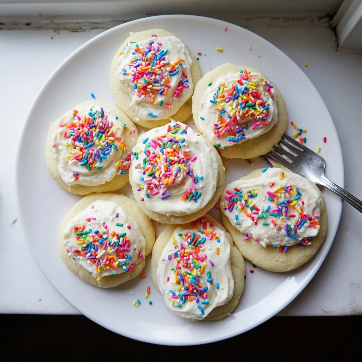 These Soft Sour Cream Sugar Cookies With Cream Cheese Frosting sit on a rustic wooden board, ready for a sweet holiday dessert party.