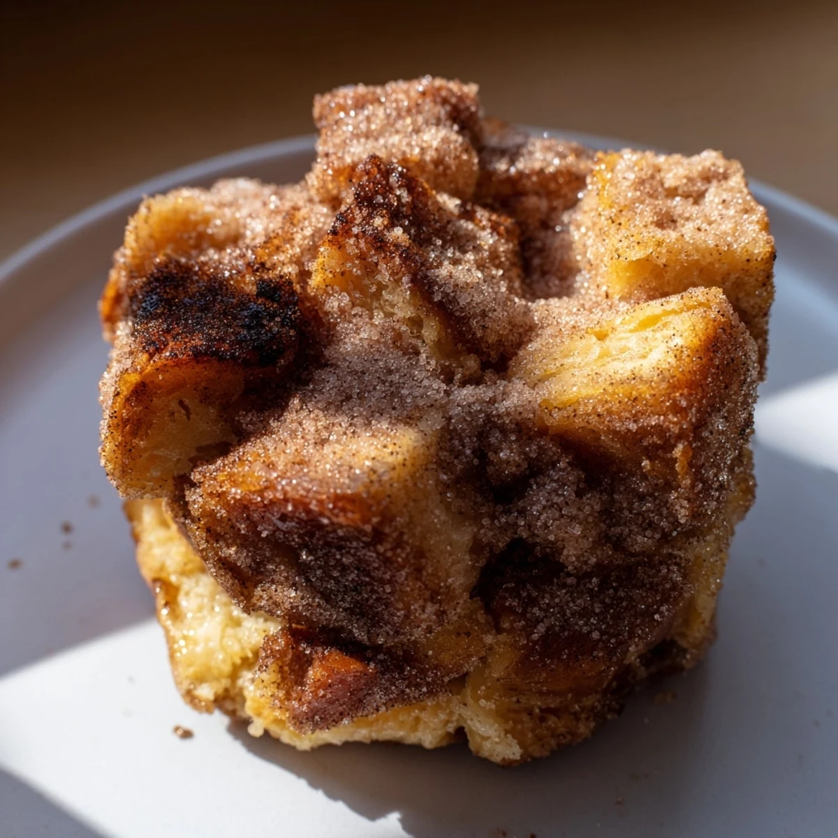 A close-up view of Cinnamon Sugar French Toast Muffins reveals a soft, custardy interior and a crispy, buttery cinnamon topping.