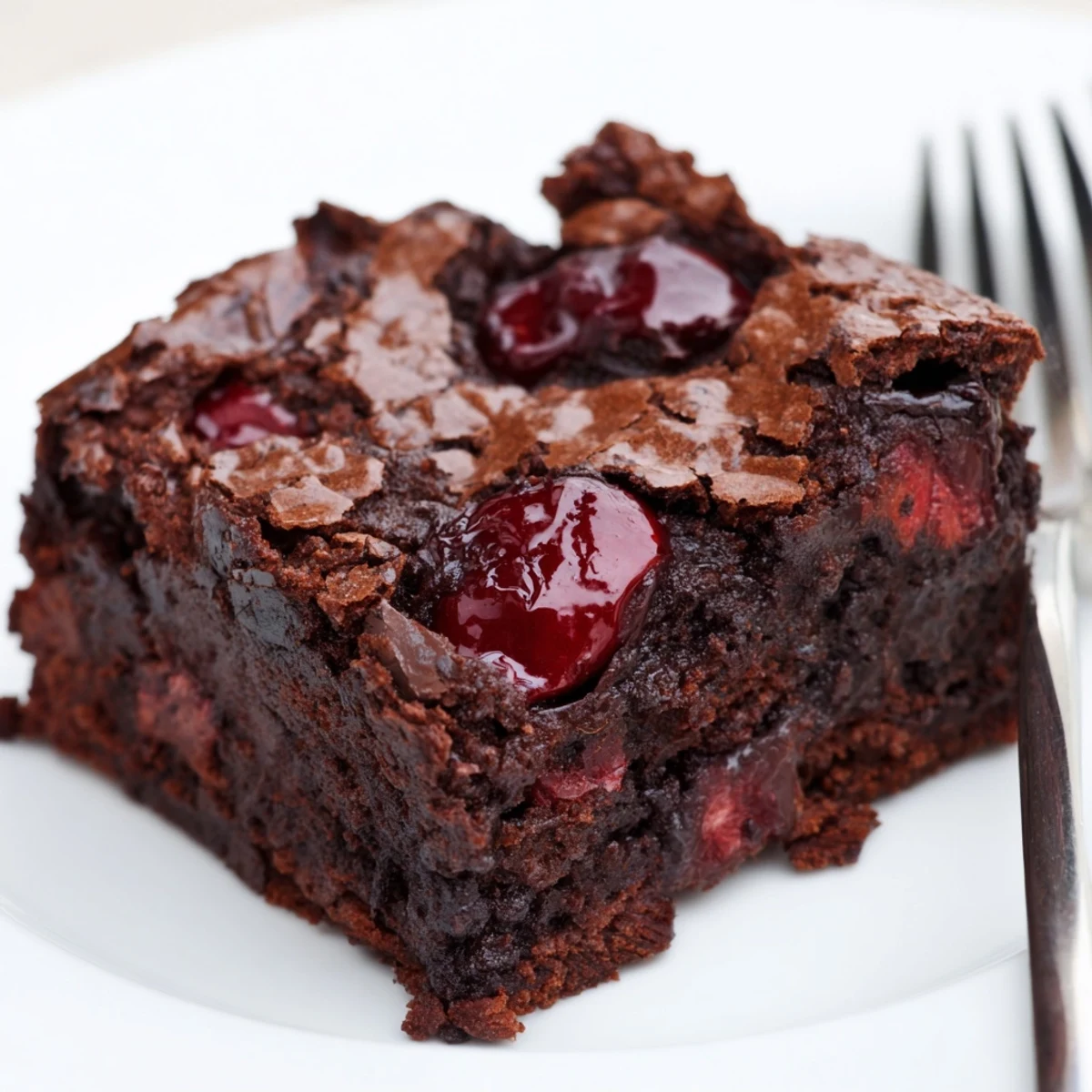 Warm Roasted Cherry Brownies topped with roasted cherries and a scoop of vanilla ice cream melting on top.