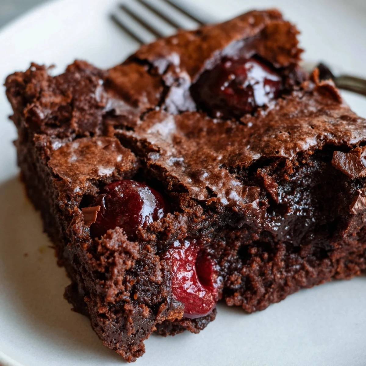 Fudgy Roasted Cherry Brownies with juicy roasted cherries peeking through rich chocolate on a rustic wooden board.