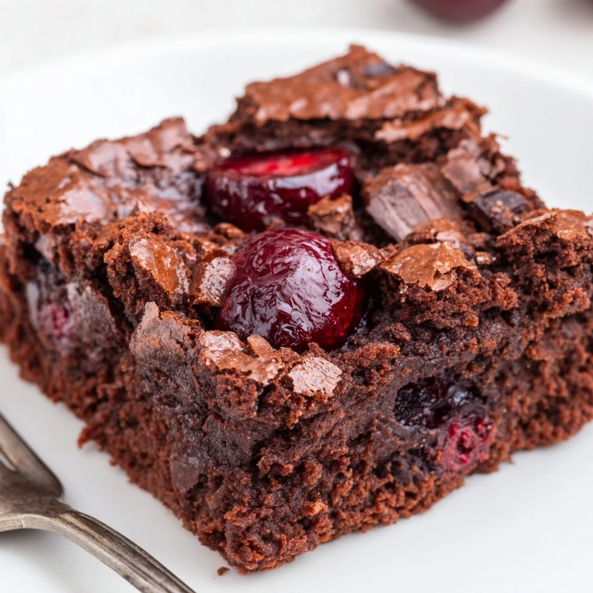 Sliced Roasted Cherry Brownies revealing moist crumbs and roasted cherry pieces, ready to serve for dessert.