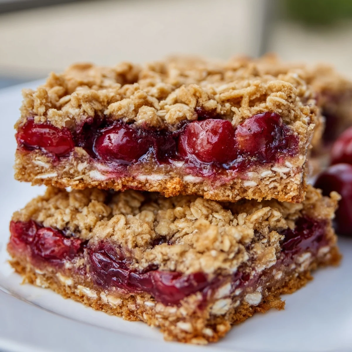 Easy Tasty Cherry Crumble Bars showcase buttery crumb layers and vibrant cherry filling, ready to be enjoyed on a rustic wooden board.  