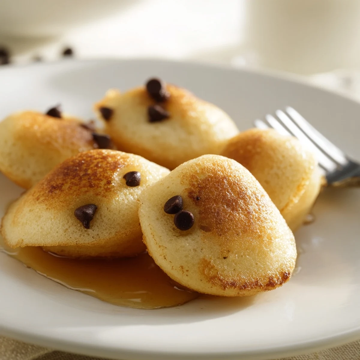 A close-up of golden, fluffy Pancake Poppers fresh from the oven, stacked on a rustic wooden board.  
