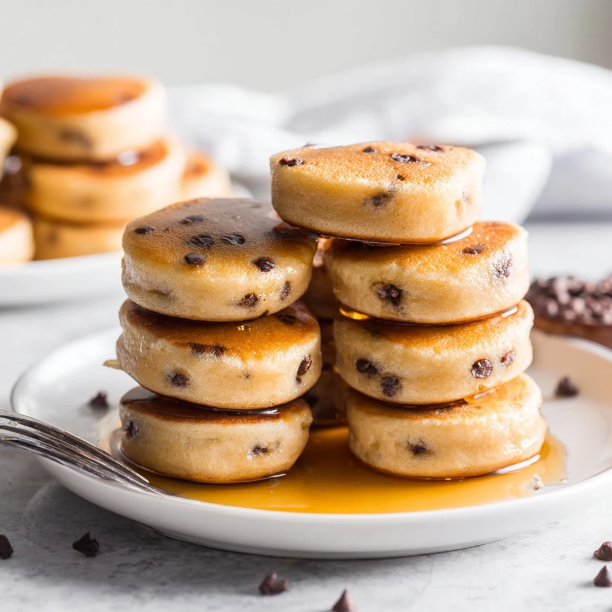 Mini Pancake Poppers arranged on a white ceramic plate, topped with fresh blueberries and powdered sugar.
