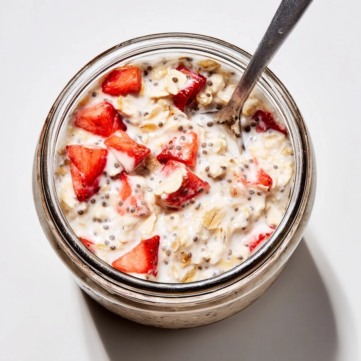 Creamy Strawberry Overnight Oats served chilled in a glass jar topped with fresh strawberry slices and almond slivers.