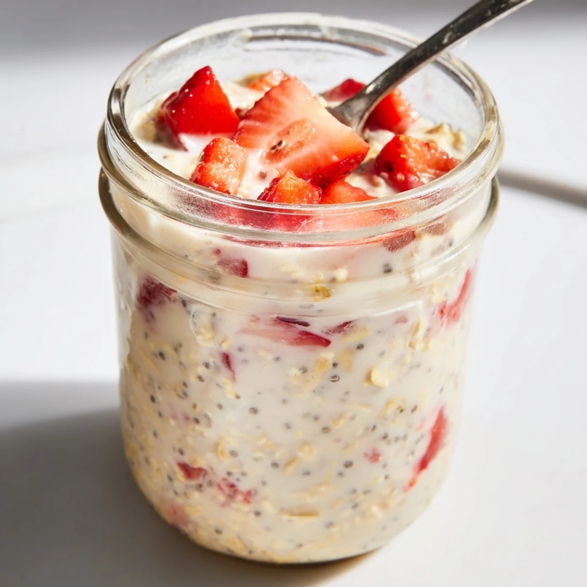 Healthy Strawberry Overnight Oats layered with Greek yogurt, oats, and milk, ready to eat for a quick breakfast.