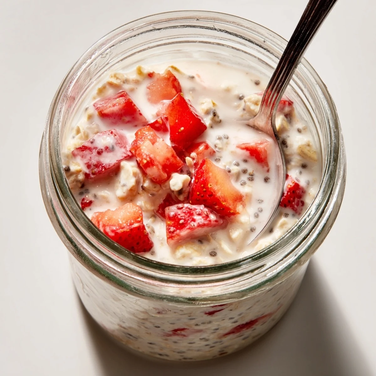 A close-up of Strawberry Overnight Oats in a bowl with diced strawberries, chia seeds, and a honey drizzle.