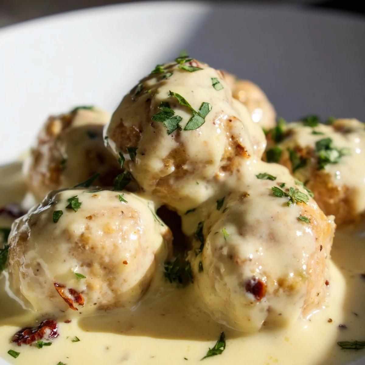 Golden-brown chicken and sun-dried tomato meatballs sit in a creamy mustard sauce, garnished with fresh parsley for a flavorful main dish.