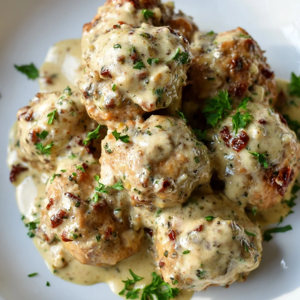 Close-up of juicy chicken and sun-dried tomato meatballs bathed in a luscious creamy mustard sauce, ready to serve.