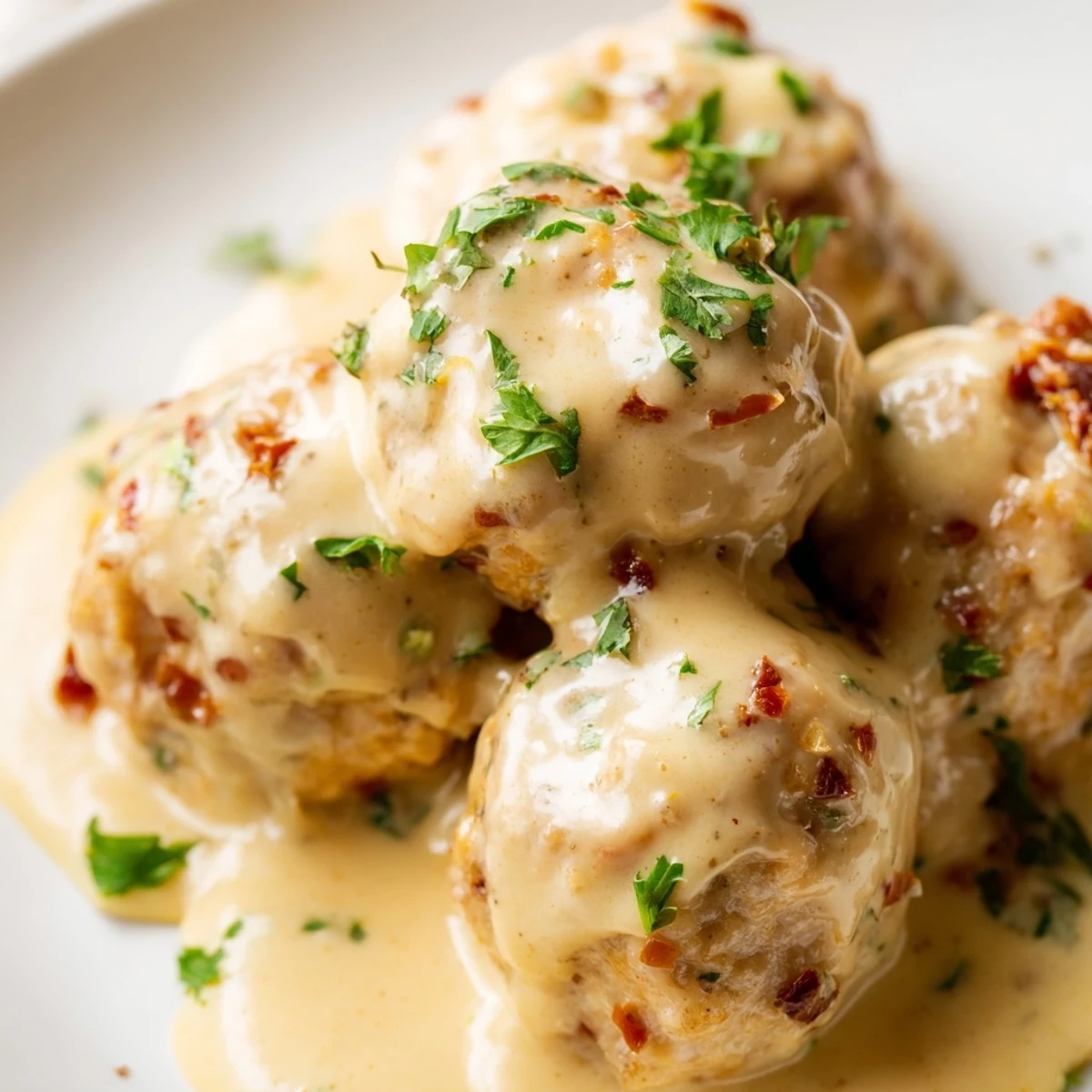 Savory chicken and sun-dried tomato meatballs coated in a rich, tangy mustard cream sauce, perfect over mashed potatoes.