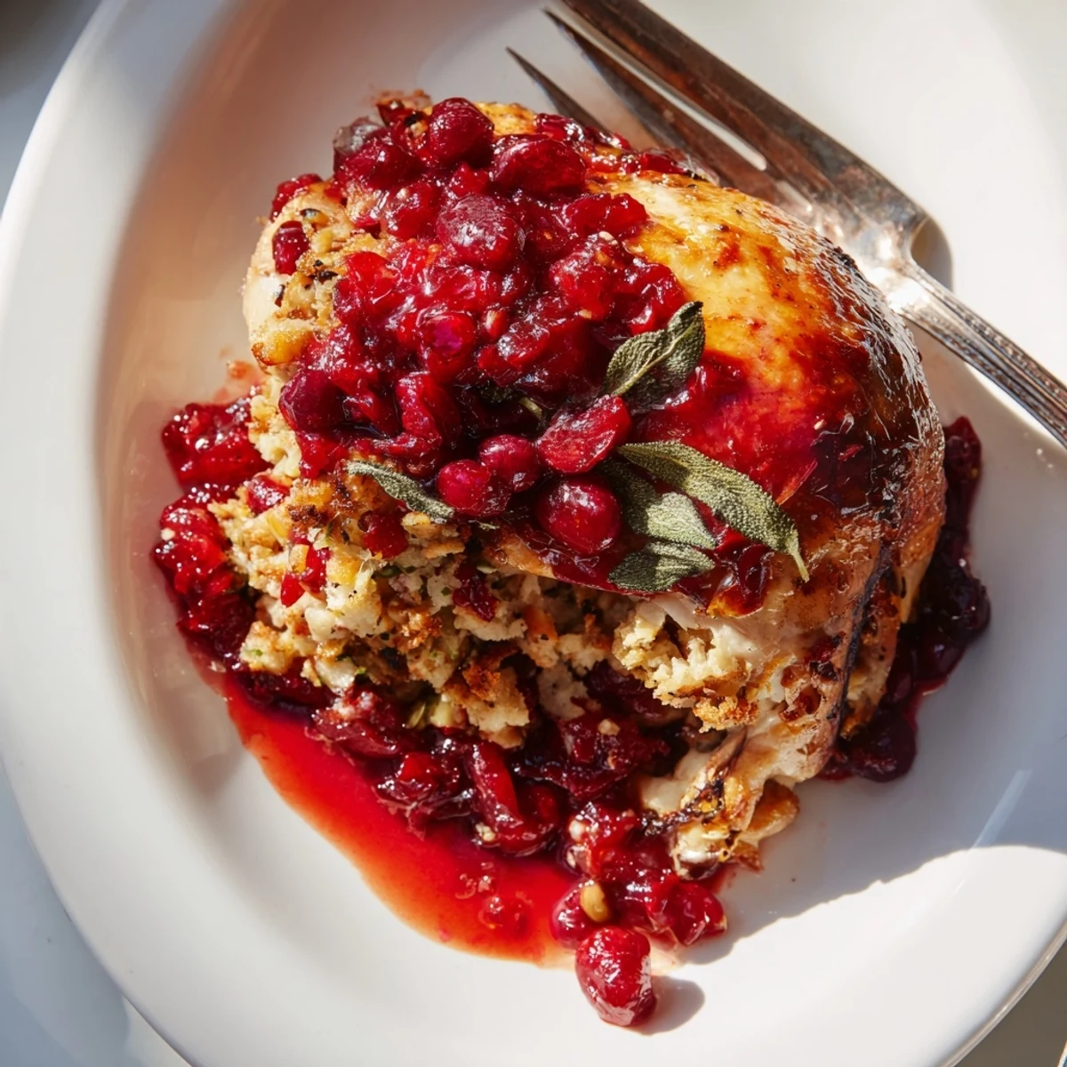 Juicy cherry roast chicken with sage stuffing is carved beside a bowl of rich cherry sauce, perfect for a holiday table.