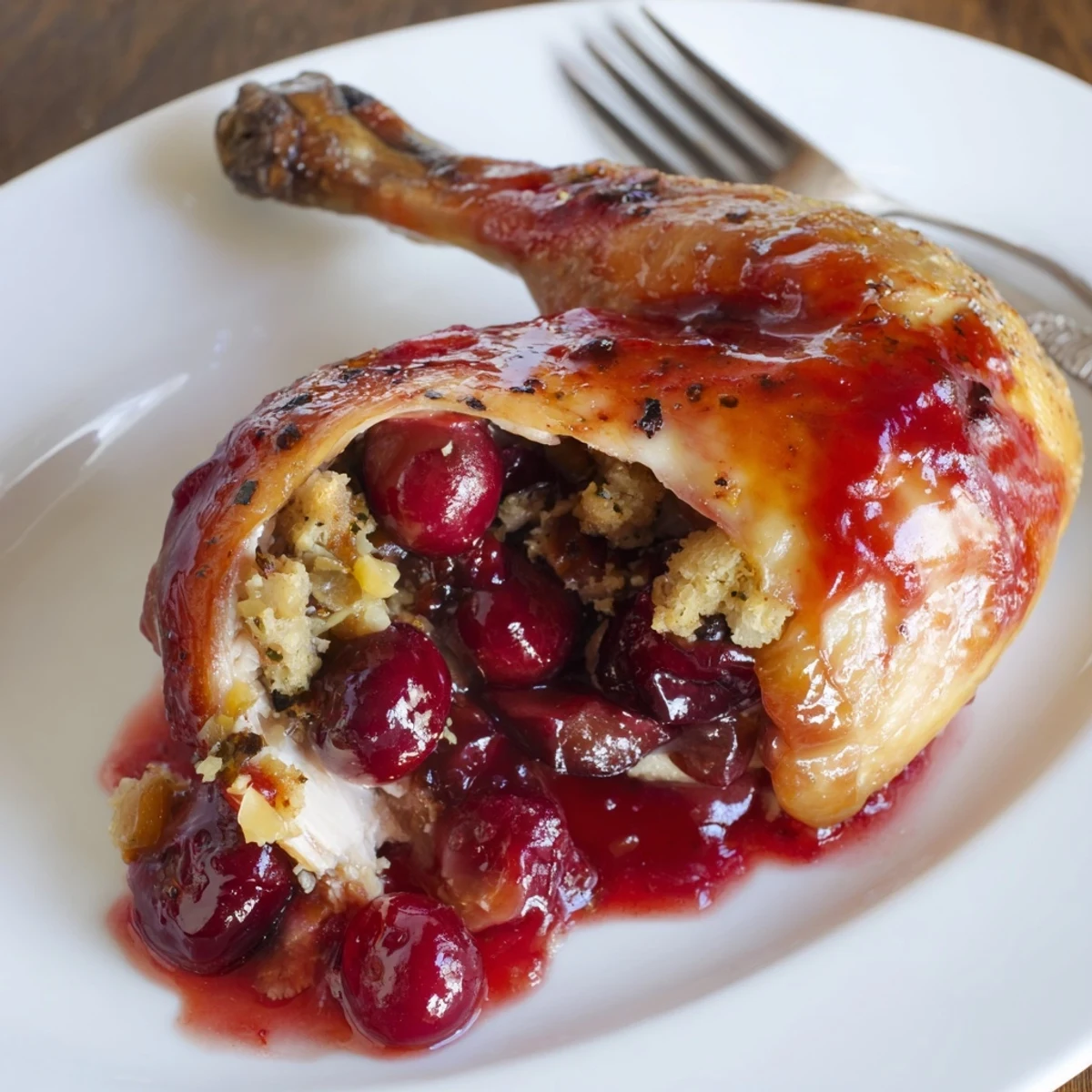 A close-up shows tender roasted chicken with sage stuffing and vibrant cherry sauce, garnished with fresh herbs on a white plate.