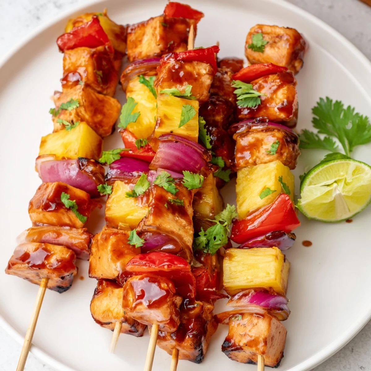Juicy chicken and pineapple chunks on skewers glistening with tangy BBQ glaze from the grill.