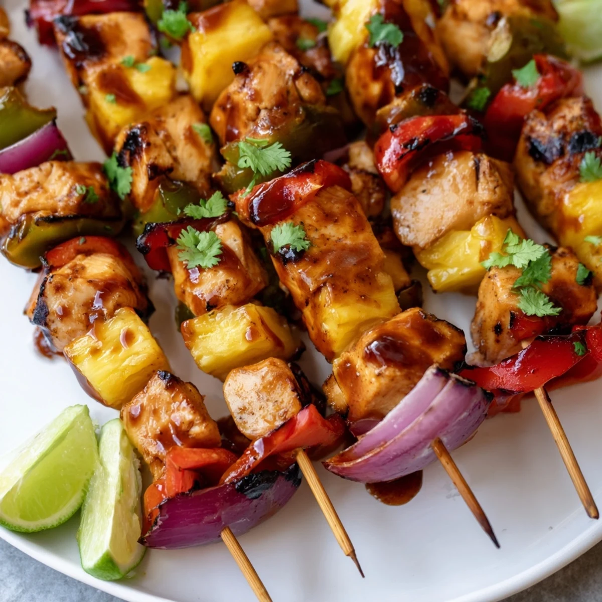 Sizzling Chicken and Pineapple BBQ Skewers served with lime wedges and fresh cilantro garnish.