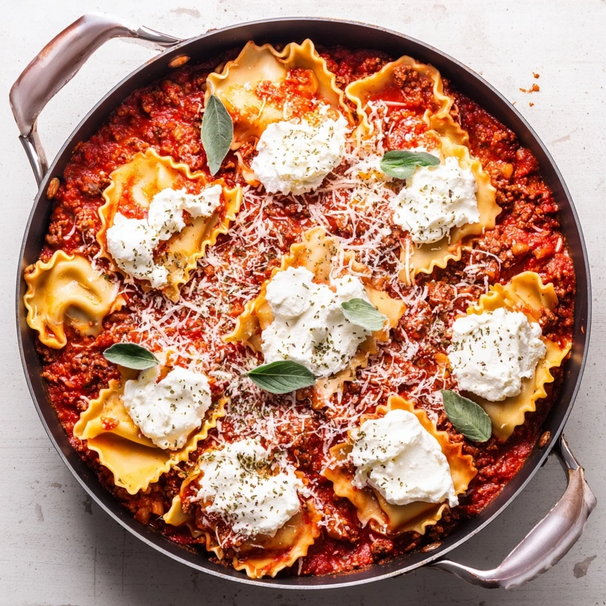Close-up of Cheats Frypan Lasagne with bubbling cheese, savory tomato beef sauce, and crusty bread on the side for dipping.