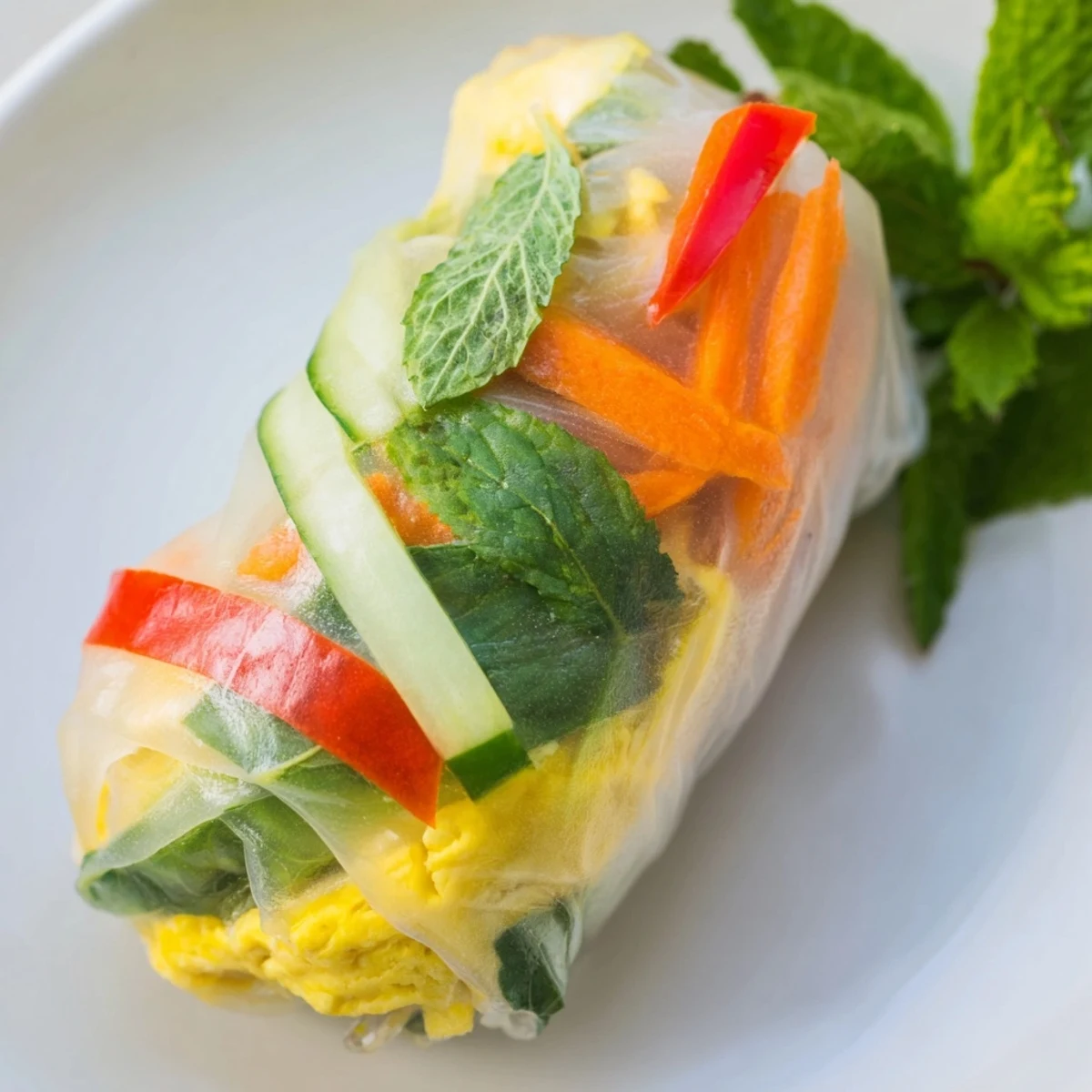 Tender slices of fluffy omelette and crisp veggies wrapped in delicate rice paper for Omelette Spring Rolls.