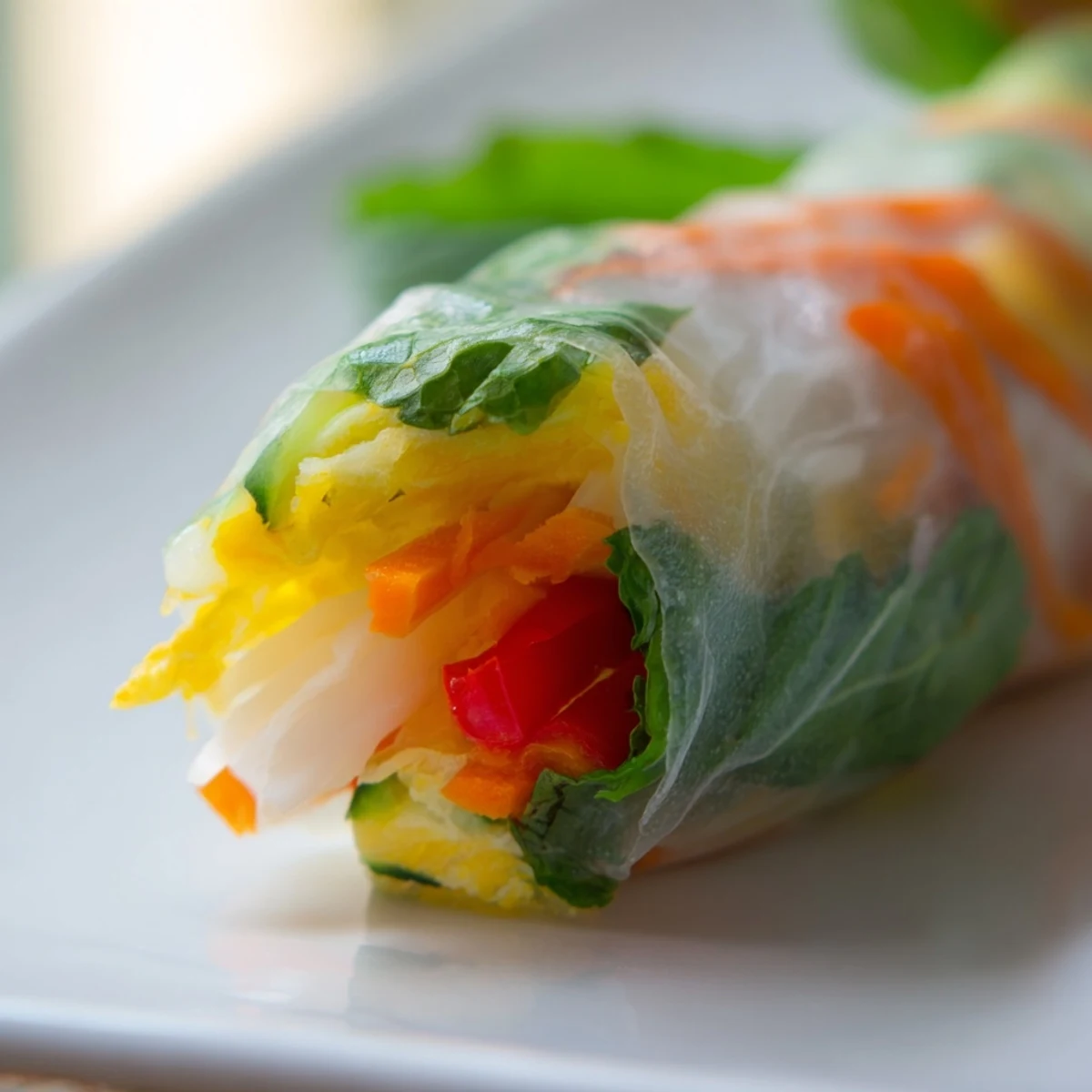 A close look at vibrant Omelette Spring Rolls served on a plate, ready for a light appetizer snack.