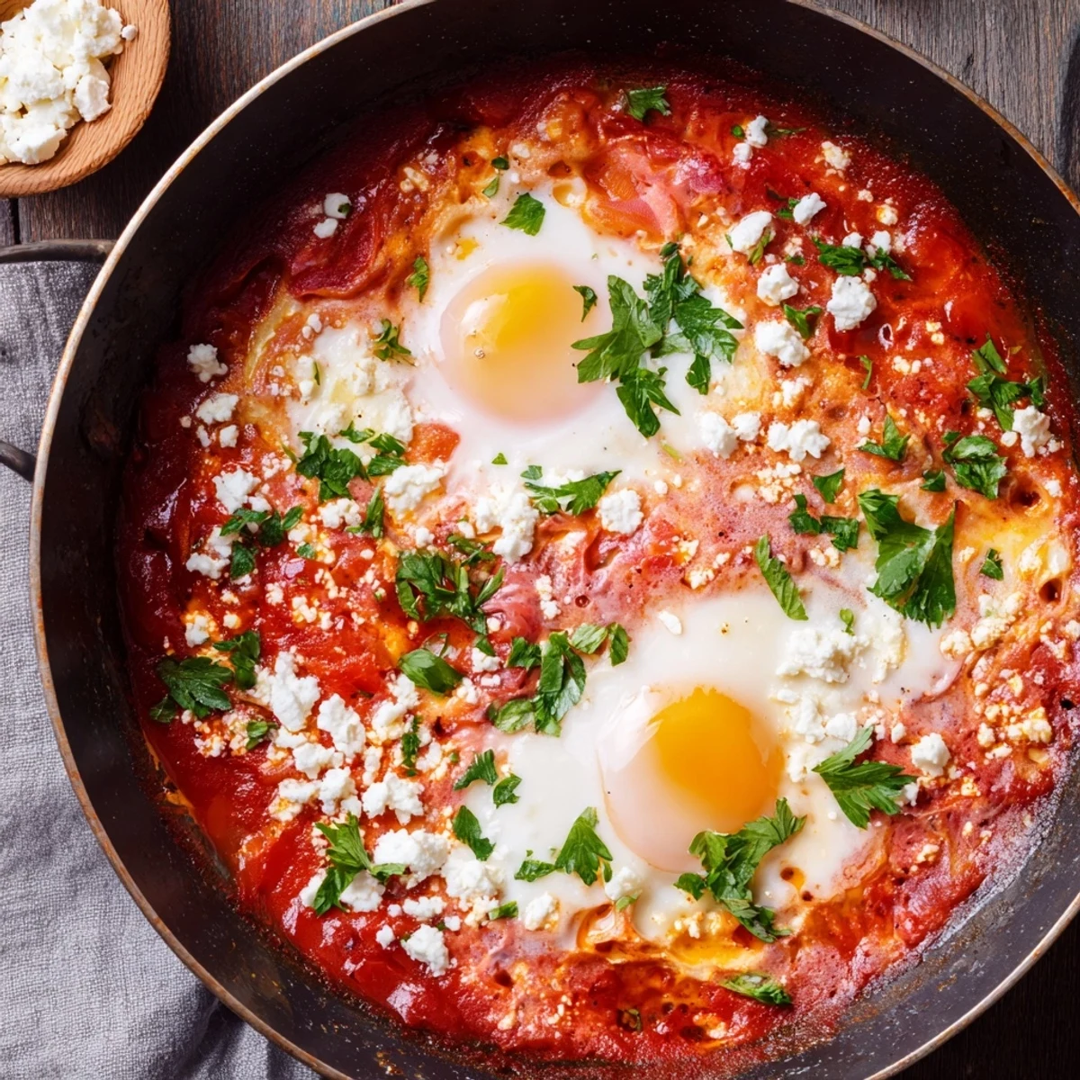Bright red tomato and bell pepper sauce bubbles in a skillet, showcasing four perfectly poached eggs with runny yolks in this Quick Shakshuka Eggs recipe, garnished with fresh parsley and a side of crusty bread.