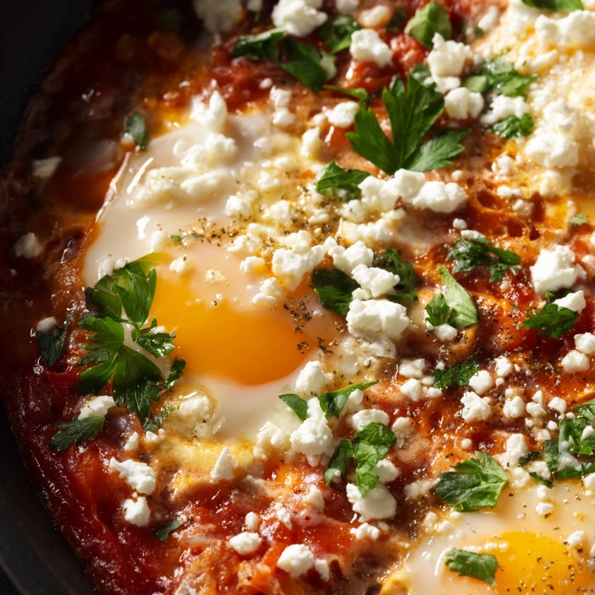 A close-up view of a single serving of Quick Shakshuka Eggs, showing the creamy runny yolk mixing into the thick tomato and pepper sauce, topped with crumbled feta and cilantro.