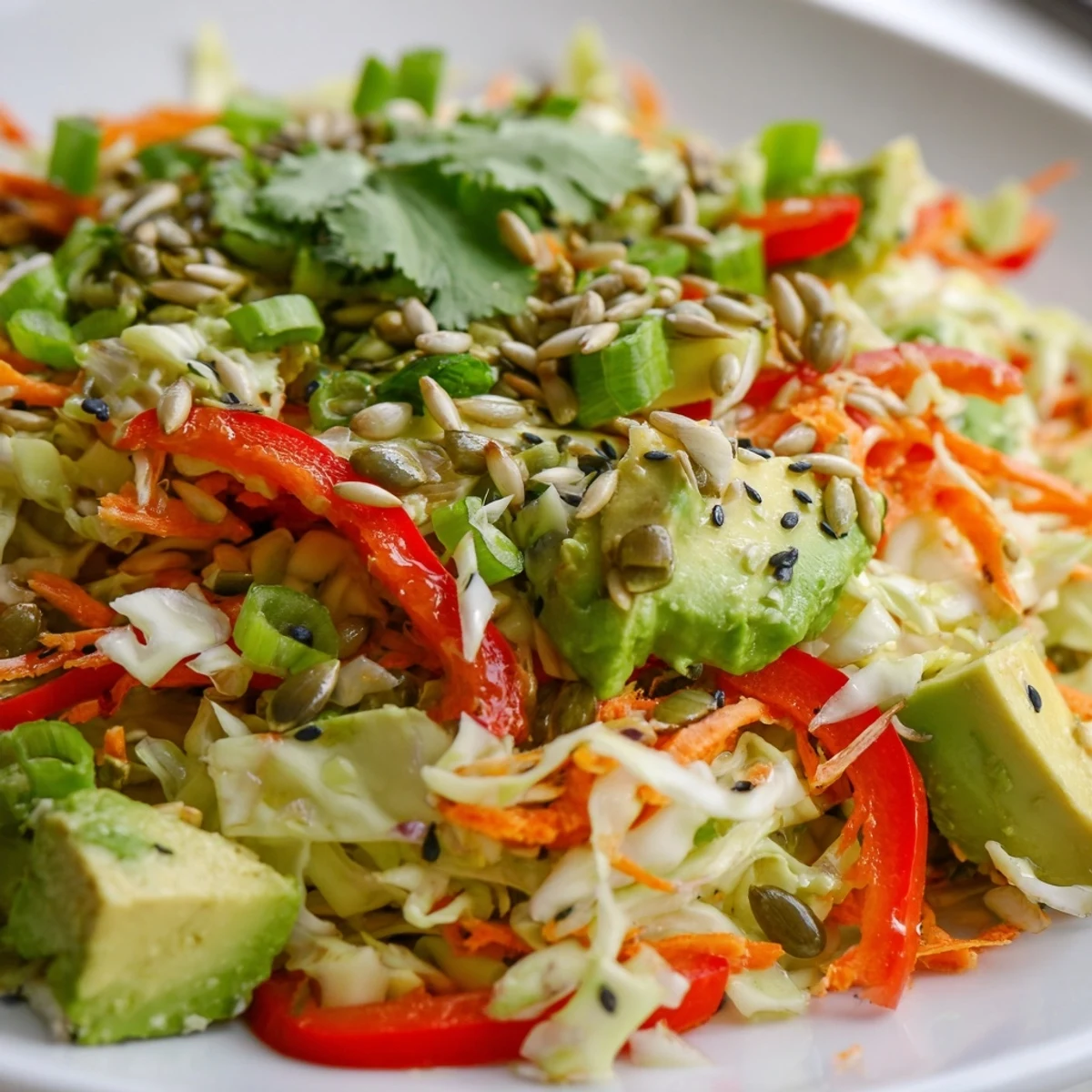 Freshly tossed Avocado Cabbage Salad with creamy diced avocado and crisp shredded cabbage, topped with pumpkin seeds.